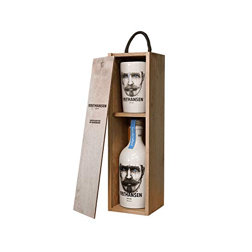 Knut Hansen Dry Gin 42% Volume 0,5l in Holzkiste mit Keramiktasse