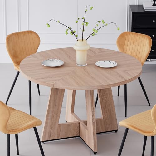 Lecafur HL 47\'\' Round Dining Table Farmhouse Kitchen Table Circle Dining Room Table Mid Century Modern Dining Table Large Wood Dinner Table for 4-6 Wooden Pedestal Dinning Table for Kitchenï¼ˆBrownï¼‰