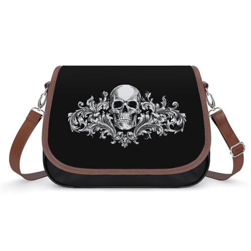 Skull Baroque Goth Floral Women Crossbody Purse Leather Messenger Bag Handbags Shoulder Strap Bags