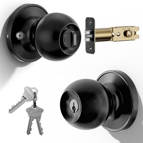 Veise Keyed Entry Door Knob, Door Knobs with Lock & Key, Thumb Turn Inside, Front Door & Bedroom Security, Easy to Install, Matte Black