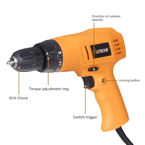 Hoteche 320W 10mm Torque Drill, 19+1 Torque Settings Corded Electric Drill for Metal (10mm) & Wood (20mm), Yellow, Color Box Packaging