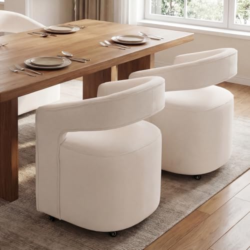 HNY 360° Swivel Upholstered Dining Chairs with Wheels Set of 2 – Soft Linen Fabric, Barrel Back Design, Rolling Kitchen Seating for Living Room, Makeup Vanity, Reception, Beige Beige 2