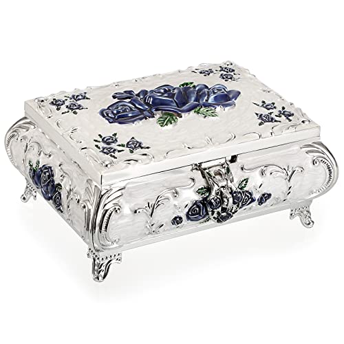 SUMTree Joyero vintage con tapa de metal blanco en forma de flor azul (grande)