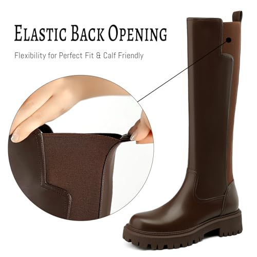 Women's Knee High Boots Fashion Platform Lug Sole Tall Riding Boots Comfortable Stretch Calf Dress Long Boots Brown 142