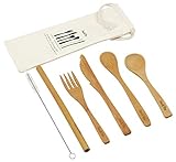 Dom&Vita Bamboo Travel Utensil | Organic Reusable Bamboo Cutlery Set + Bamboo Straw + Cleaning Brush + Cotton Storage Bag |Bamboo Fork Knife Soup Tea Spoon|Camping Lunch Box Utensils Flatware Set (1)