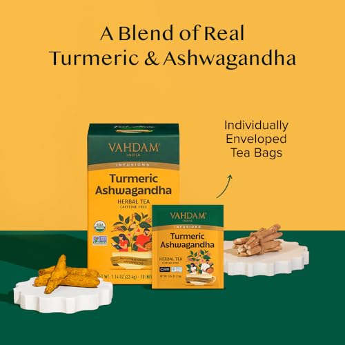 Image of VAHDAM, Organic Turmeric Ashwagandha Herbal Tea Bags (18 Count) Caffeine Free, Gluten Free | 100% Pure Herbal Blend - Sweet & Earthy | Eco-Friendly Individually Wrapped Tea Bags | Direct From Source