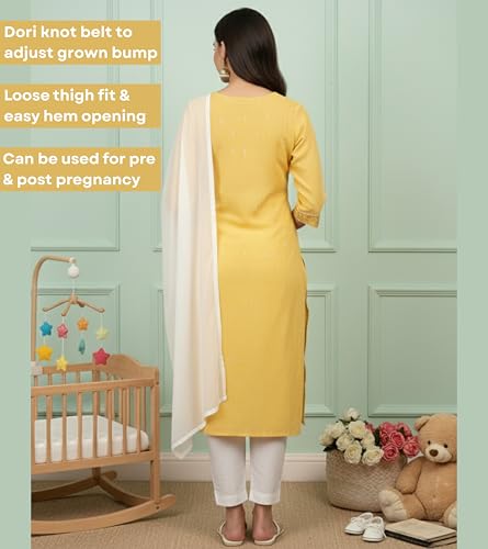 Image of DUMMY SHAPE Feeding Dresses for Women Full Set | Cotton Blend Floral Embroidered Kurta Pant Dupatta Suit with Nursing Zippers to Pre & Post Pregnancy | Gift for Pregnant Woman