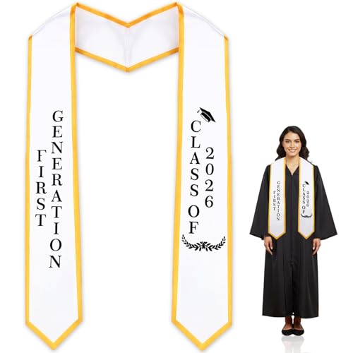 Sociaooil First Generation Graduation Stole 72 White & Gold Class of 2026 Satin First Graduation Sash Fits All Body Types Unisex Grad Stole for High Grad School College Graduates