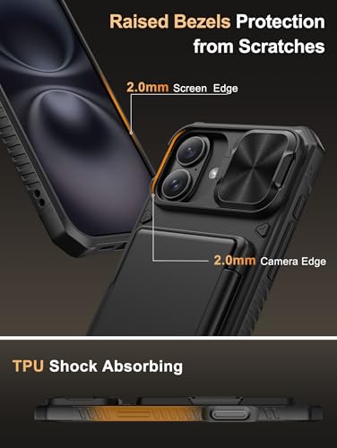 Image of Vihibii for iPhone 16 Plus Case with [2X Screen Protector], Built-in Card Holder (4 Cards), [RFID Blocking] & Slide Camera Cover & Tempered Glass Films, Rugged Wallet Case for 16 Plus 6.7 inch 2024, Black