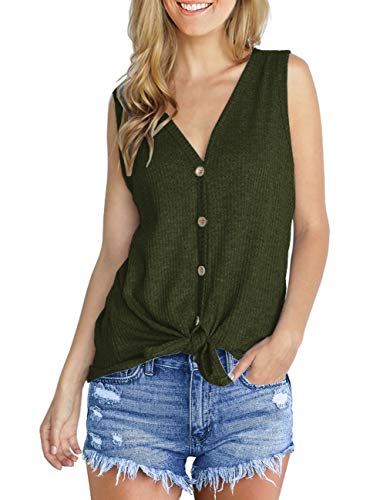Image of IWOLLENCE Womens Loose Henley Blouse Sleeveless Button Down T Shirts Tie Front Knot Tops