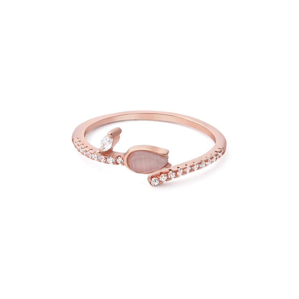 TOUCH925 Fine 925 Silver Tulip Bloom Ring for Women | Rose Gold Zircon Studded Anguthi Ring with Cat Eye Stone Tulip Flo