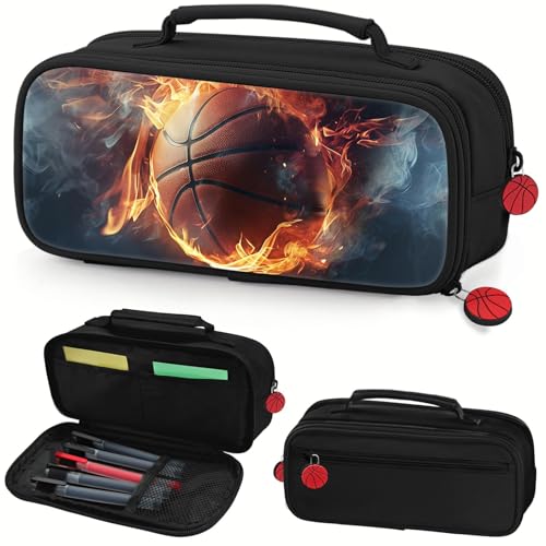 Image of Basketball Pencil Case for Boys - Large Pencil Pouch for Boys with Zipper Compartments & Handle - Big Capacity Pen Organizer Box Bag for Kids Teens School Supplies