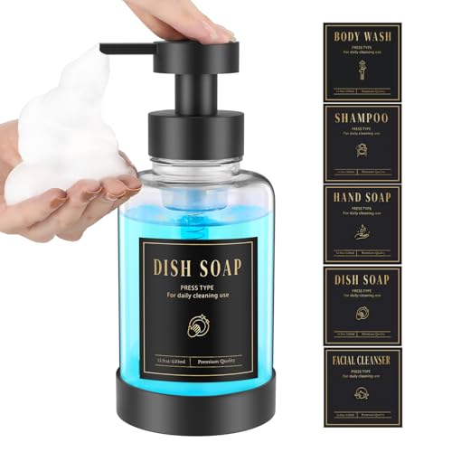 Luxspire Schaumseifenspender, Glasschaum-Pumpseifenspender, Rutschfester Handseifenspender mit 5 wasserfesten Etiketten, 450ml/15oz nachfüllbarer Flüssigseifenspender für Bad & Küche, Klar, 1 Stück