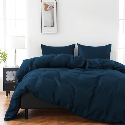 Overket 100% Organic Cotton Duvet Cover King 400 Thread Count Sateen Comforter Cover Soft and Breathable Cooling Bedding Set 3 Piece(Navy,King)