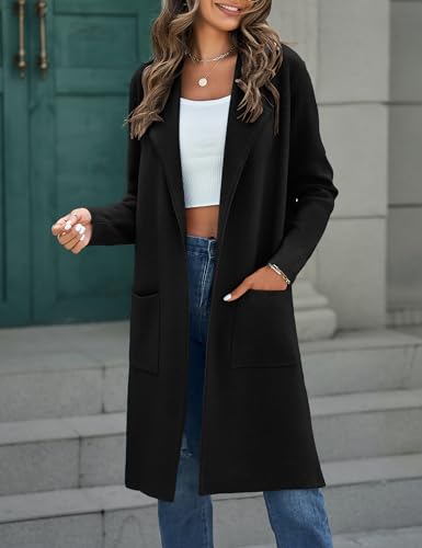 Image of MEROKEETY Women's Open Front Coatigan Sweater Long Sleeve Casual Knit Lapel Cardigan Coat with Pockets