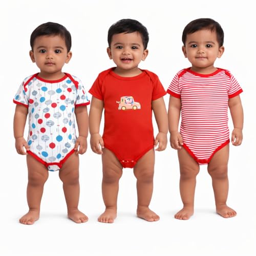Image of VParents Rompers for New Born Baby Girl & Boy (Pack of 3), 100% Cotton Half Sleeve Romper /Bodysuit /Jumpsuit /Onesies /Sleepsuit For Infants & Toddlers, Comfortable Daily Wear Clothes For Babies