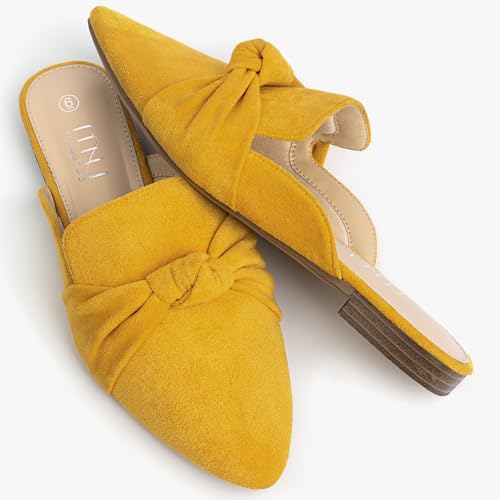 Image of MUSSHOE Mules for Women with Bow Knot: Pointed Toe Flats - Cloud-Cushion Suede Backless Loafers for Office & Casual Wear - Wide-Fit Friendly Slip On Slides with Memory Foam