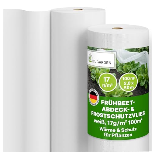 TTL GARDEN Frühbeetvlies 17g/m² 100m² 2m x 50m weiß auf Rolle - Abdeckvlies Frostschutz Vlies Wachstumsvlies Gartenvlies atmungsaktiv reißfest Hochbeetvlies für Beete - Schutz vor Frost & Schädlinge