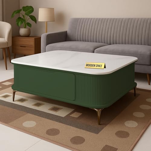 Image of WOODEN SPACE Premium Solo Marble-Top Wooden Center Table for Living Room | Iron Legs | PVD Coating | Modern Entryway Furniture | Coffee Table (Dark Green)