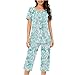 Auwer Womens Fashion Summer 2 Pc Pajamas Round Neck Short Sleeve Pleats Loose Capri Pants Printed Sleepwear with Pockets Light Blue