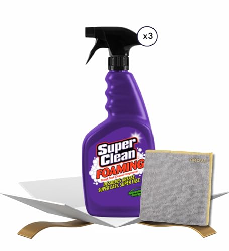 Super Clean Citrus Scent Foaming Cleaner and Degreaser Spray 32 oz Bundle with Microfiber Cloth - Heavy Duty Degreaser for Kitchen, Oil, Grime, and Dirt Removal - (4 Items)