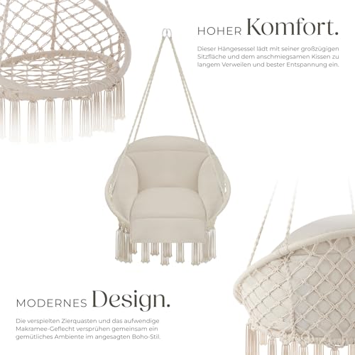 tectake® Hängesessel, Hängeschaukel mit dicken Kissen & Quasten, Boho Hängekorb Ø 80 cm, Hängesessel mit Gestell für Garten, Balkon und Wohnzimmer, Nestschaukel Outdoor & Indoor, Gartenstuhl - beige 3