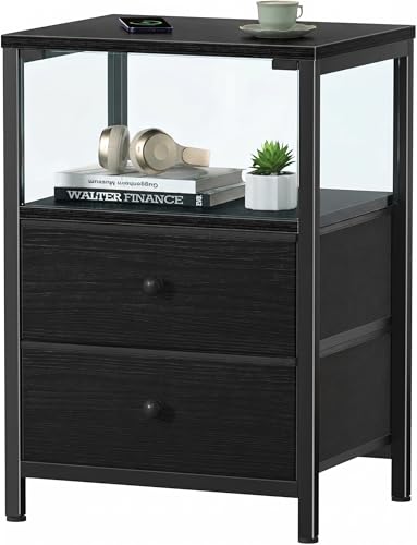 Lufeiya Table de Chevet Noire avec 2 Tiroirs, Commode de Chevet avec Compartiment de Rangement, Table d'Appoint pour Chambre à Coucher, Structure en Métal,...