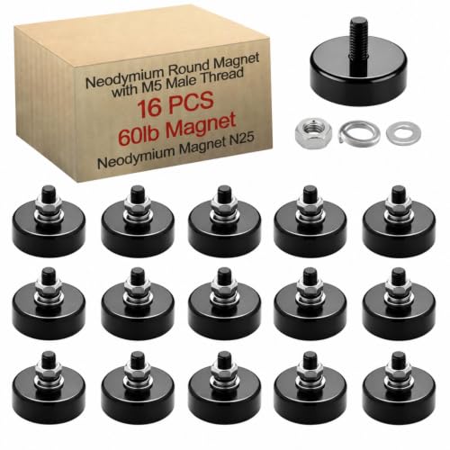 Image of Flutesan 16 Pieces Heavy Duty Round Mounting Magnet with Bolt 0.98in-60lb-M5 Black with Male Thread Stud Strong Earth Magnet Super Powerful for Lighting Camera Brackets License Plate