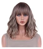 ANESHE 14 Inches Ash Blonde Ombre Wig for Women Ash Blonde Wig with Dark Roots Short Curly Wig with Bangs Ombre Blonde Wig for Daily Cosplay Party
