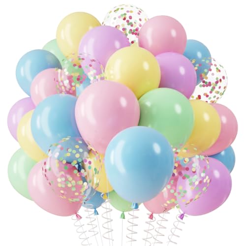 QIFU Pastel Balloons 12inch Macaron Pink Blue Yellow Green Purple Latex Balloon With Confetti Balloon Assorted Pastel Rainbow Balloons for Kids Birthday Decoration Baby Shower Unicorn Birthday Easter