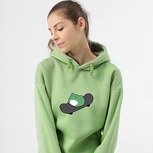 Keevici Womens Cute Skateboarding Frog Hoodie Oversized Kawaii Clothes Soft Aesthetic Sweatshirt Long Sleeve Thick Top (Green,M,Medium) #TOP1