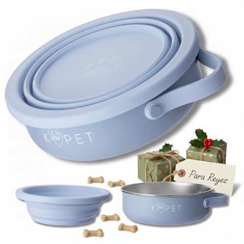 KPET® Comedero y Bebedero para Perro y Gato Plegable, 2en1 - Cuenco Portatil Acero Inoxidable y Tazón Plegable Silicona Ideal para Coche, Viaje, Senderismo, con Base Antideslizante y Antiderrame