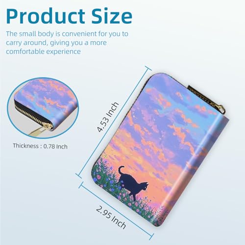 Small Credit Card Case Wallet for Women, RFID Blocking Mini Slim Leather Card Holder Wallet, Pocket Business Card Case with Zipper Card Holder, Black Cat and Flower3