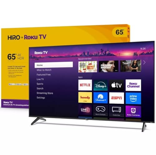 Roku Hiro 65' 4K HDR Smart TV Flat Screen LED Television TV and Dolby Audio Streaming, 60 Hz, HDR10, Apple Airplay Compatible H65C4C4 (Renewed)