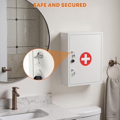 Image of Medicine Cabinet with Dual Key Lock, Wall Mounted First Aid Cabinet, Pill Bottle Organizer Storage for Home Office & School Use 16 inch W x 6 inch D x 21 inch H (White)