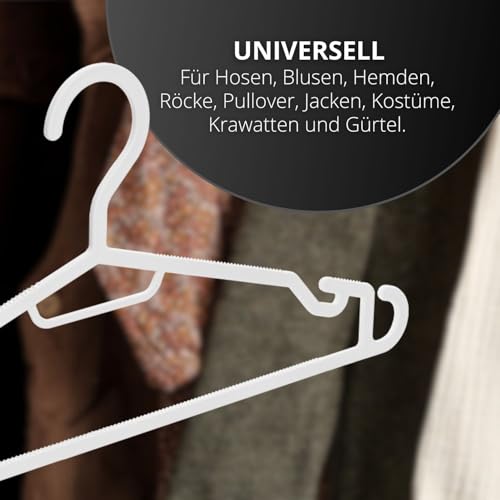 Berlona Kleiderbügel Weiß 20 Stück – Platzsparende Bügel aus Kunststoff, Ultraflach & rutschfest – für Hemden, Kleider, Tops, T-Shirts & Gürtel – 41 x 18,5 cm