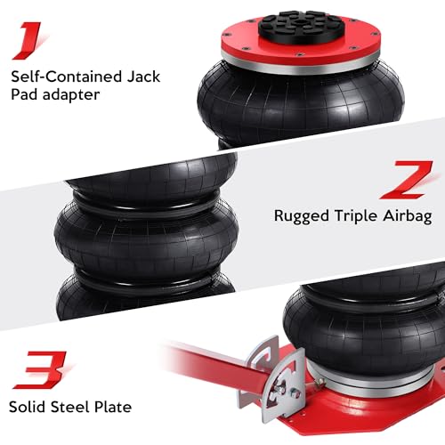 Rengue Air Jack 3 Ton 6600lbs Pneumatic Jack with Grip Guard, 3s Fast Lifting Height Up to 15.7 Inch, Air Jacks for Cars with Adjustable Long Handle Heavy-Duty Triple Bag Air Jack Red