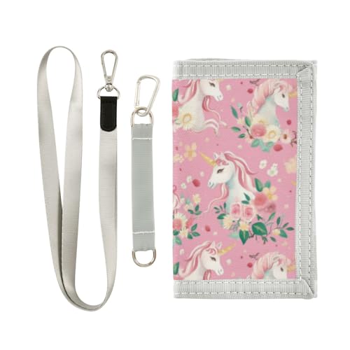 Wusikd Unicorns Flowers Kids Wallet for Boys Girls Pink Flowers Toddler Trifold Wallet Novelty Wallet for Teens Women Men