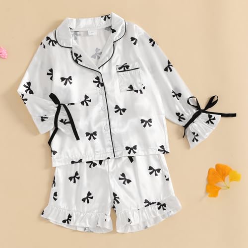 Qiylii Children Girls Satin Pajamas Soft Tie-Up Bowknot Ruffle Trim Silk Pajamas Kids Button-On Pjs Holiday Pajama Size 4-122