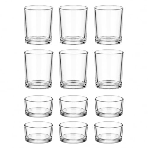 LETINE 12 PCS Clear Tealight Holders Votive Glass Tea Light Candle Holders 2 Styles of Tea Light Holders for Wedding Birthday Party and Christmas Table Centrepiece