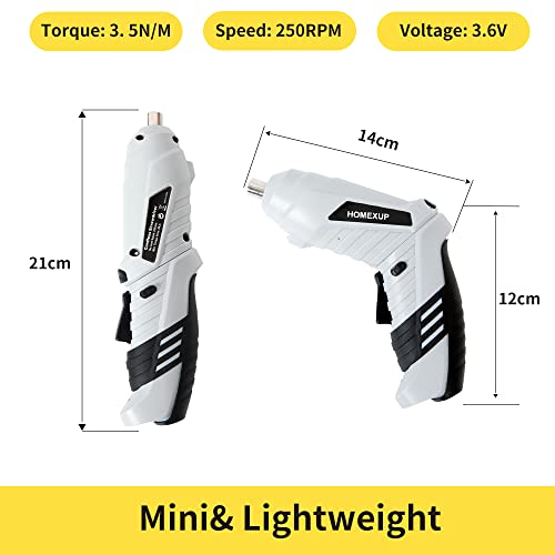 Homexup Electric Screwdriver, 3.6V Cordless Screwdriver Rechargeable With 45Pcs Screw Driver Bit Set, Front Led Light, Extension Rob, Micro Usb, Carrying Case, Easy For Small Home Projects（Gray） #TOP3