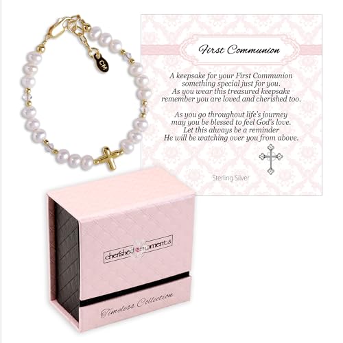 Image of Cherished Moments Girls .925 Sterling Silver and 14K Gold-Plated Cultured or Simulated Pearl Bracelets for First Communion Gifts with Poem and Gift Box