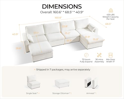 Image of 160.6'' Oversized Modular Sofa Comfy Cloud Couch with Storage, Extra Deep Plush Sectional Sofa Set U-Shaped for Living Room, Covers Washable, 6-Seater with 2 Ottomans, Chenille, White