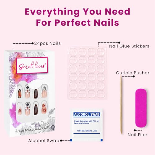 Image of Secret Lives Almond Press-On Nails 3D White,Orange Flower Tortoiseshell Nails with Gold Accents & Zebra French Tip Artificial Nail Art, 24-Piece Set with Kit