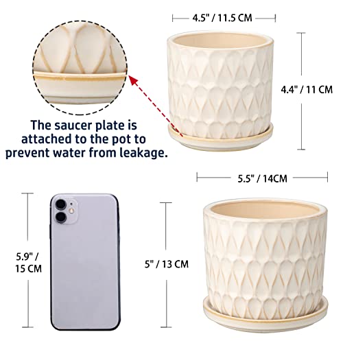 White Ceramic Plant Pots For Indoor Plants 4.5"+ 5.5" Small Succulent Pots With Attached Saucers Cylinder Ceramic Planters Set Of 2 Indoor Orchid Flower Pots For Snake Plants Herb Houseplant #TOP4