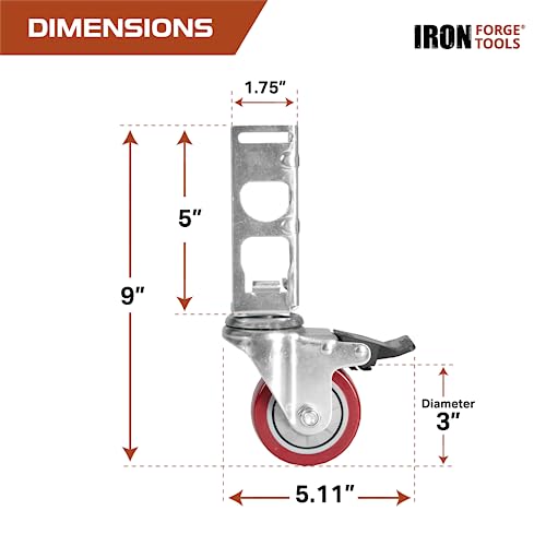 Image of Iron Forge Tools Rolling Storage Rack Caster Wheels Heavy Duty - Set of 4 Locking Castor 3 Inch 530 lb Capacity for Boltless Self Locking Shelving Racks, Nylon and Steel Ball Bearing Wheels