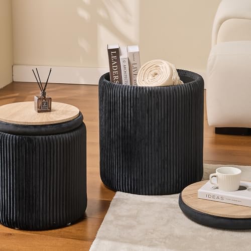 BLEXA Round Set of 2 Ottoman with Storage-Upholstered Velvet Vanity Stool for MakeupMultifunctional Ottomans Coffee Table Padded Seat Foot Rest for Living Room&Bedroom (Black)