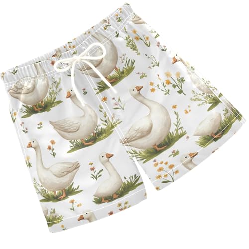 Pigsaly Boys' Swim Board Shorts Spring Flowers Grass White Geese Funny Goose Boy's Swim Trunks Kids Swimwear S