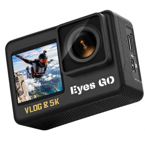 Eyes GO 5K26 - Caméra Sport 5K30fps 4K60FPS 120FPS - 31 Accessoires - Photo 50MP - 2 Ecrans Tactile Vlog - Télécommande Micro 360° - Stabilisateur E.I.S...