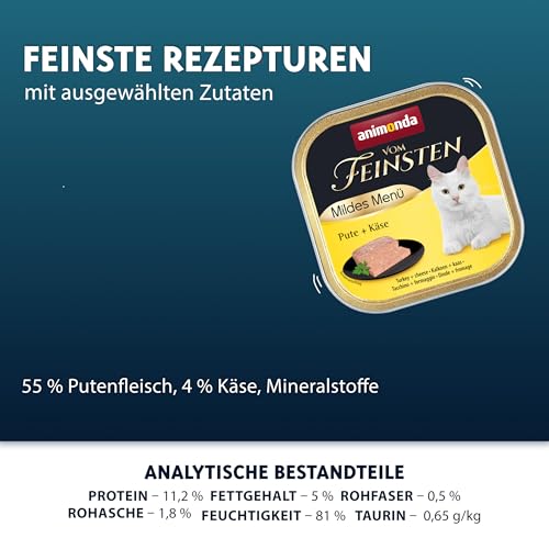 animonda Vom Feinsten Adult Mildes Menü Pute + Käse (32 x 100 g), Nassfutter für sensible Katzen, Katzenfutter ohne Getreide und Zucker, leicht verdauliches Futter mit Putenfleisch